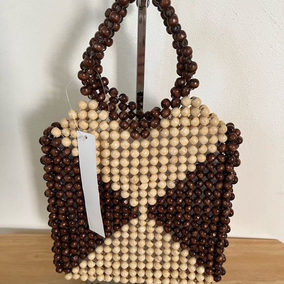 Aqua Mini Beaded Wood Tote Bag- Brown/ Natural - Picture 2 of 5